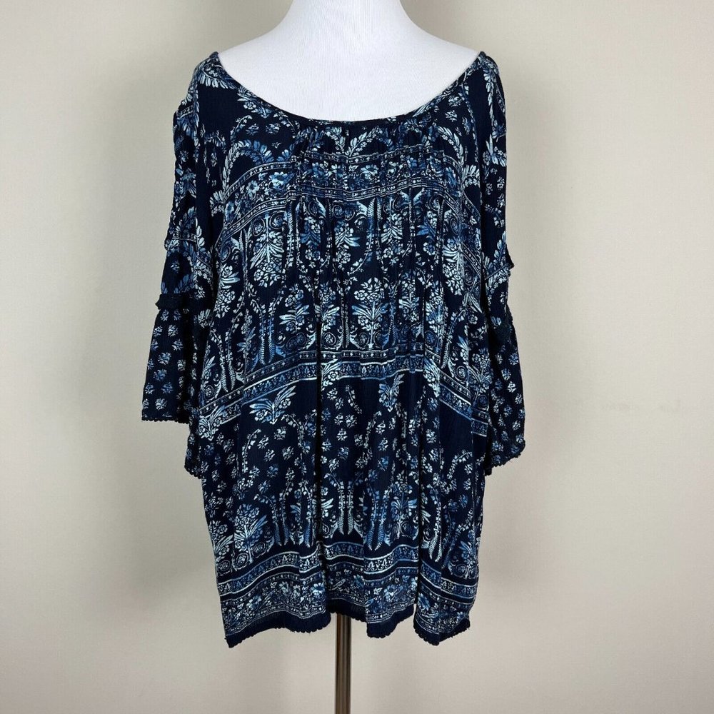 Bila Top Womens Large Navy Blue Paisley Cold Shoulder 3/4 Flare Sleeve Gauze